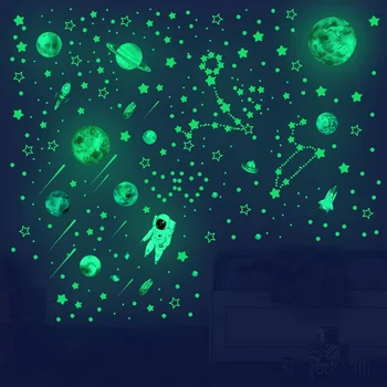 Karanlık Çıkartmalar Parlak Duvar Çıkartmaları Çocuk Odası Dekorasyon Art Çıkartma Ev Dekorasyonu Yıldızlar Parlaklık Astronot floresan Evren 