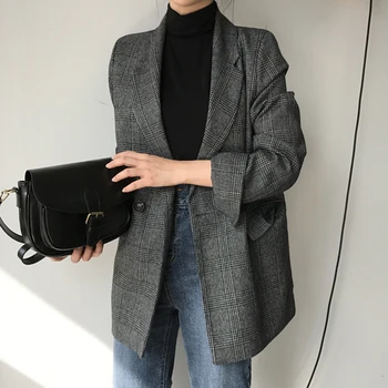 LMQ Yeni 2020 Sonbahar Kış kadın Blazers Ekose Kruvaze Cepler Resmi Ceketler Çentikli Kabanlar palto Tops