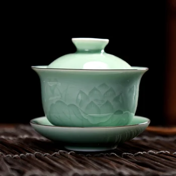/ Longquan seladonlar kaplı kase, seramik çay bardağı, kung fu çay seti, ev El Yapımı Büyük Tek Sancai çay kase