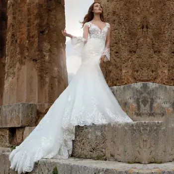 Lüks düğün elbisesi V Yaka Lace Up Aplikler Dantel gelinlikler Mermaid Tül Flare Uzun Kollu Vestito Da Sposa Custom Made