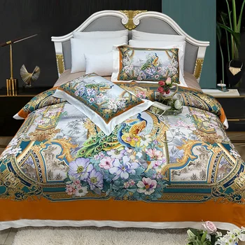 Lüks İpek Pamuk Sağlıklı Dijital baskı Yatak Yumuşak İpeksi Tavuskuşu Çiçek Desen Yorgan yatak örtüsü seti yatak çarşafı Yastık Kılıfı