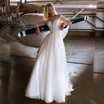 Lüks Plaj düğün elbisesi 2021 İnciler Tasarım Kristal Organze O-boyun Tam Kollu A-Line Sweep Tren İçin Yeni Stil Kadın Güzel