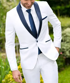 Moda Beyaz Sağdıç Damat Smokin Lacivert Şal Yaka Erkek Takım Elbise 2022 Slim Fit 2 Parça Erkek Blazer Kostüm Homme Ceket + Pantolon