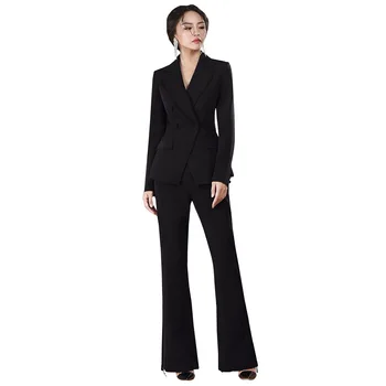 Moda Siyah Kadın Blazer Takım Elbise Kruvaze İnce Kadın Blazer takım elbise OL Tarzı 2 Parça Set Kadın Blazer Seti Custom Made