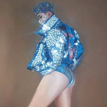 Parlayan Ayna Mavi Sahte Denim Ceket Caz Dans Gösterisi Kıyafet Doğum Günü Kutlamak Balo Parti Gece Kulübü Elbise Şarkıcı Sahne Giyim