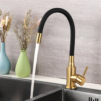 Paslanmaz çelik mutfak musluk 360 ° dönen esnek su çıkışı lavabo musluğu sıcak ve soğuk su karıştırma musluk siyah altın
