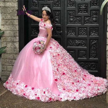 Pembe Quinceanera Elbiseler Balo Artı Boyutu 3D Çiçekler Kabarık Masquerade Debutante 15 yaşında On Altı Tatlı 16 Elbise Balo Elbise