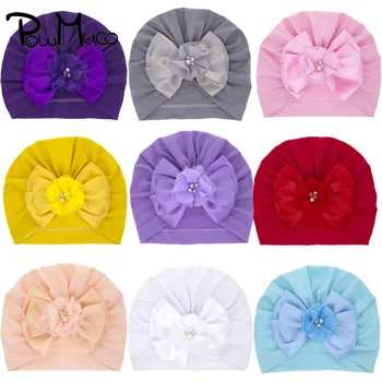 Powmuco Çok Katmanlı Düz Renk İlmek Bebek Türban Şapka Sevimli El Yapımı Çiçekler Bebek Kapaklar Moda Yaylar Şapkalar Çocuk Aksesuarları