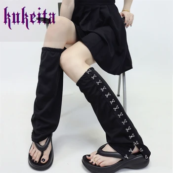 Punk Rock Metal Toka Siyah bacak ısıtıcıları çorap Gotik Vintage Kadınlar Kızlar Şık Streetwear Bacak Örtüsü