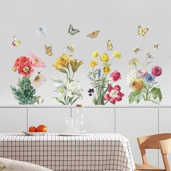 Renkli çiçekler, yapraklar, çiçek kümeleri, kelebek dekoratif tablolar, yatak odası sundurma dekoratif duvar çıkartmaları, kendinden yapışkanlı