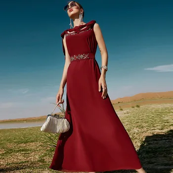 Robe Femme Musulmane Yeni Bordo Kolsuz Dantel-up Elmas Elbise Dubai Turizm moda elbise Abayas Kadınlar için