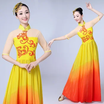 Sarı Uzun modern Çiçek Dans Elbise Kadınlar İçin Festivali Performans Giyim Kısa Kollu Parti dans kostümü