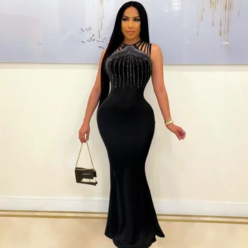 Siyah Bodycon Maxi Akşam Elbise Zarif Seksi Kadın Parti Şık Gece Kulübü Sparkle Rhinestone Vestidos Elegantes Para Mujer Yeni