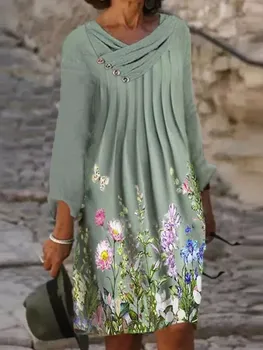 Sonbahar Kış Kadın Elbise Uzun Kollu Çiçek Baskı O-boyun Düğmeleri Vintage Midi Elbise Parti
