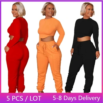 Toptan Öğeler Rahat İki Parçalı Set Kadın Sonbahar Giysileri Kırpma üst ve pantolon seti Spor Katı Eşofman Kadın Eşleşen Setleri