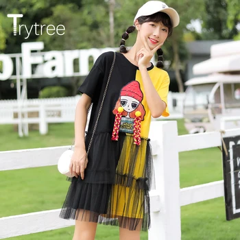 Trytree 2020 Yaz Kadın rahat elbise O-Boyun Patchwork Dantel Güzel Uzun örgü bebek Mizaç Zarif Mini Ofis Bayan Elbise