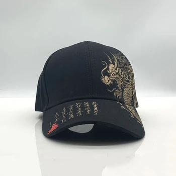 Unisex beyzbol şapkası Siyah Ayarlanabilir Çin Tarzı Kap Ejderha Baskı Rahat Snapback Kemik Hip Hop Şapka