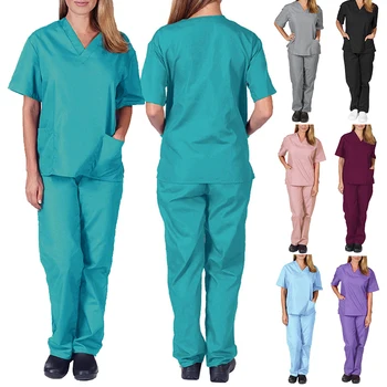 Unisex ovma takım elbise Scrubs Seti Kadınlar için Joggers Tops + Pantolon Hastane Doktor Hemşirelik Üniforma V Yaka Düz Renk Cerrahi İş Giysisi