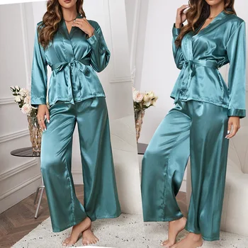 V Yaka Saten Pijama Takım Elbise Kadın Saten Uzun Kollu Uyku Seti 2022 Sonbahar Yeni Pijama Kıyafeti Rahat Ev Giysileri Salonu