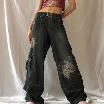 Vintage Baskılı Gevşek Bacak Kot Orta Bel Moda Retro Yıkanmış Vahşi Rahat Sokak Pantolon Kadın Eğlence Pantolon Dikiş Cep