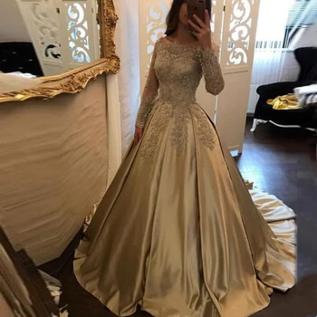 Vintage Tekne Boyun Altın Dantel A-line Uzun Kollu Saten düğün elbisesi Sweep Tren gelinlikler vestido de noiva