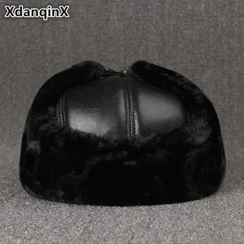 XdanqinX erkek Kış Süper Sıcak Kalın Bombacı Şapka Hakiki Deri Peluş Kürk Earmuffs Şapka Baba Koyun Derisi Sıcak Düz Kapaklar erkekler İçin