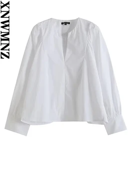 XNWMNZ 2022 Kadın Moda Pilili Poplin Beyaz Üst Kadın Retro Uzun Kollu Rahat Tüm Maç Kadın Şık Bluz