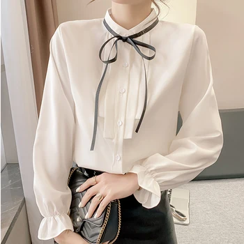 Yay Üstleri Kadın Kore Tarzı Elbise Parlama Kollu Zarif Ofis Bayan Sevimli Şerit Tatlı Gömlek Bayanlar Uzun Kollu Bluzlar Bahar