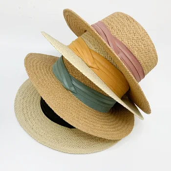 Yaz Basit Moda Zarif Bayanlar Plaj Güneş Hasır Şapka Geniş Ağızlı Renkli ipek kurdele Düz Üst Rahat Hasır Şapka Kadınlar İçin