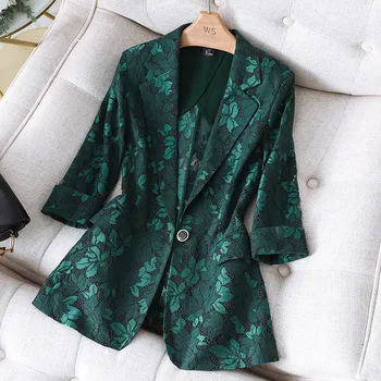 yaz ceket dantel takım elbise ceket kadın yeşil orta kollu ince Kore hollow out günlük giysi Çiçek Üst takım elbise blazer yeşil ceket