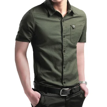 Yaz Erkek Casual Ordu Yeşil Gömlek Moda Pamuk Kısa Kollu Resmi İş Gömlek Erkek Slim Fit Erkek Büyük Boy Ofis Giyim