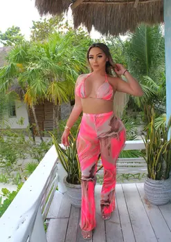 Yaz Plaj Kıyafeti Batik Baskı tam örgü İki Parçalı Set Kadınlar Seksi Bandaj Kırpma Üst + Pantolon See Through kulubü seti Kadın Kıyafetleri