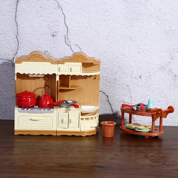 Yeni Bebek Evi Mini Mobilya Dolap Sofra Seti yemek arabası Modeli Mutfak Oyuncak Bebek Dekor Aksesuarları