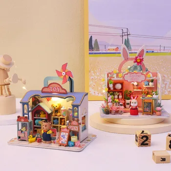 Yeni DIY Ahşap Dollhouse Minyatür Kiti Ayı Oyuncak Mağazası Mini Casa Bebek Evi Mobilya Villa Yetişkin Kız Doğum Günü Hediyeleri