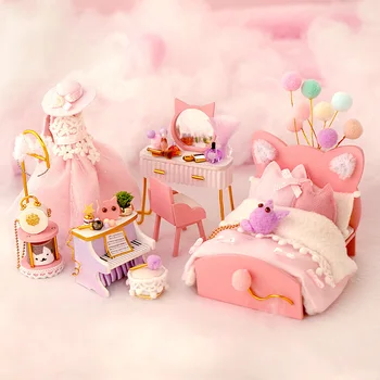 Yeni Kız Sevimli Pembe Ahşap DIY Dollhouse Prenses Yatak Odası Piyano Minyatür Bebek Evi Çocuklar İçin Hediye Doğum Günü Sürprizi