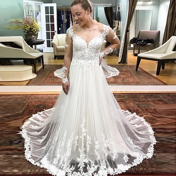 Yeni Varış Artı Boyutu düğün elbisesi Uzun Kollu Aplikler Gelin Elbise Ölçmek için Yapılan Sweep Tren Vestido De Novia