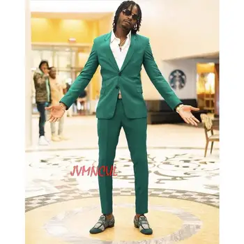 Yeşil Çentik Yaka Düğün Erkek Takım Elbise Kostüm Homme Iki Düğme Damat Smokin Terno Masculino Slim Fit Blazer 2 Adet Ceket Pantolon