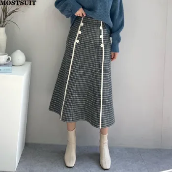 Yüksek Belli Örme Etekler Kadın Kore Vintage Kalınlaşmak Kruvaze Zarif Moda A-line Pilili Uzun Etek Mujer 2022