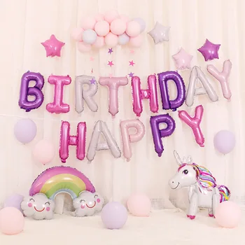 Çocuk Günü Mutlu Doğum Günü Partisi Malzemeleri Balonlar Doğum Günü Dekorasyon Karikatür Unicorn Alüminyum Film Balon Seti