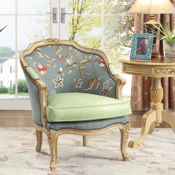 Özel oyma şeftali çiçeği katı ahşap dinlenme koltuğu mavi işlemeli yeşil deri katı ahşap yatak odası boş sandalye
