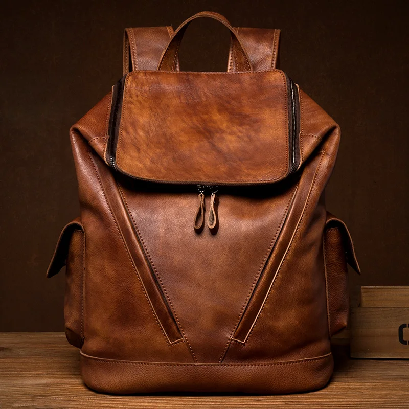 Erkek lüks tasarımcı vintage seyahat sırt çantası Yumuşak handmake Sıkıntılı Konyak Deri Sırt Çantası Sırt Çantası Kova Hediyeler için adam çantası 0