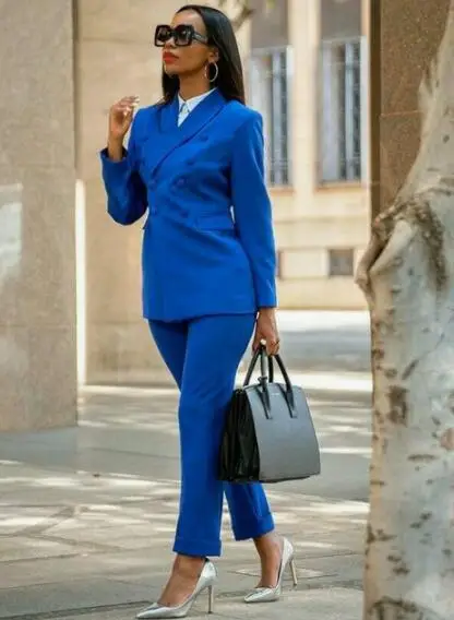 Kraliyet Mavi Kadınlar Uzun Kollu Elbise Kruvaze Kadın Pantolon Takım Elbise kadın ceketi Kadın Ceket Takım Elbise Kadın Bayanlar Özel Yapılmış 0