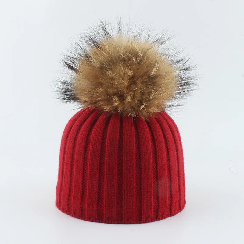 Kış Şapka Ponpon Erkek Kız Angora Örgü Nervürlü Bere Gerçek Rakun Kürk Sonbahar Sıcak Açık Kayak Aksesuarı Bebek 0