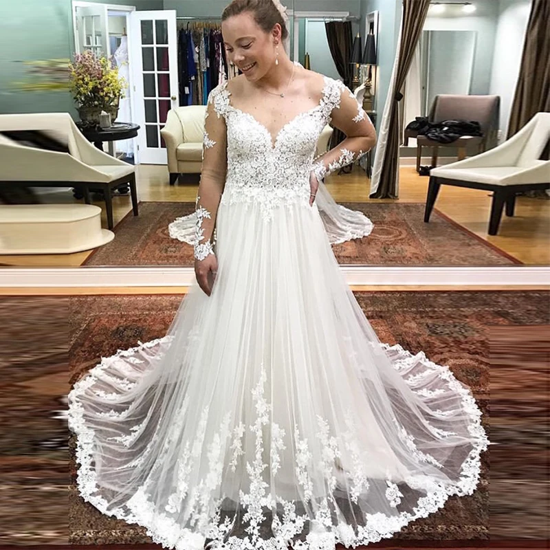 Yeni Varış Artı Boyutu düğün elbisesi Uzun Kollu Aplikler Gelin Elbise Ölçmek için Yapılan Sweep Tren Vestido De Novia 0