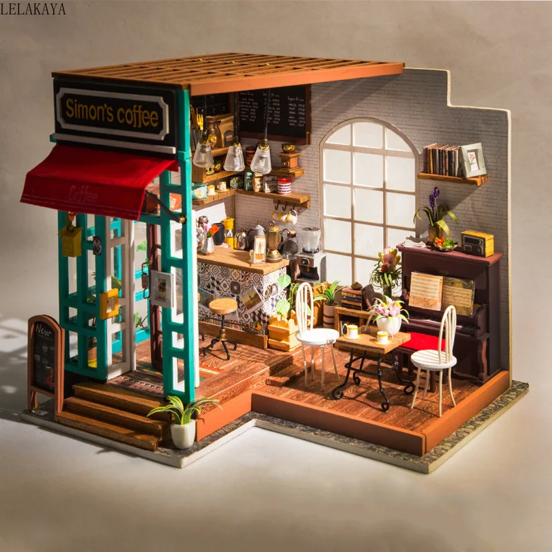 DIY simon'ın Kahve Mobilyaları Ile Çocuk Yetişkin Minyatür Ahşap Dollhouse Modeli Yapı Kitleri Hiçbir Kapak Dollhouse Oyuncaklar DG109 1