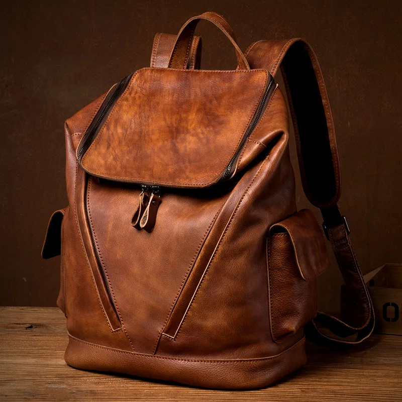 Erkek lüks tasarımcı vintage seyahat sırt çantası Yumuşak handmake Sıkıntılı Konyak Deri Sırt Çantası Sırt Çantası Kova Hediyeler için adam çantası 1