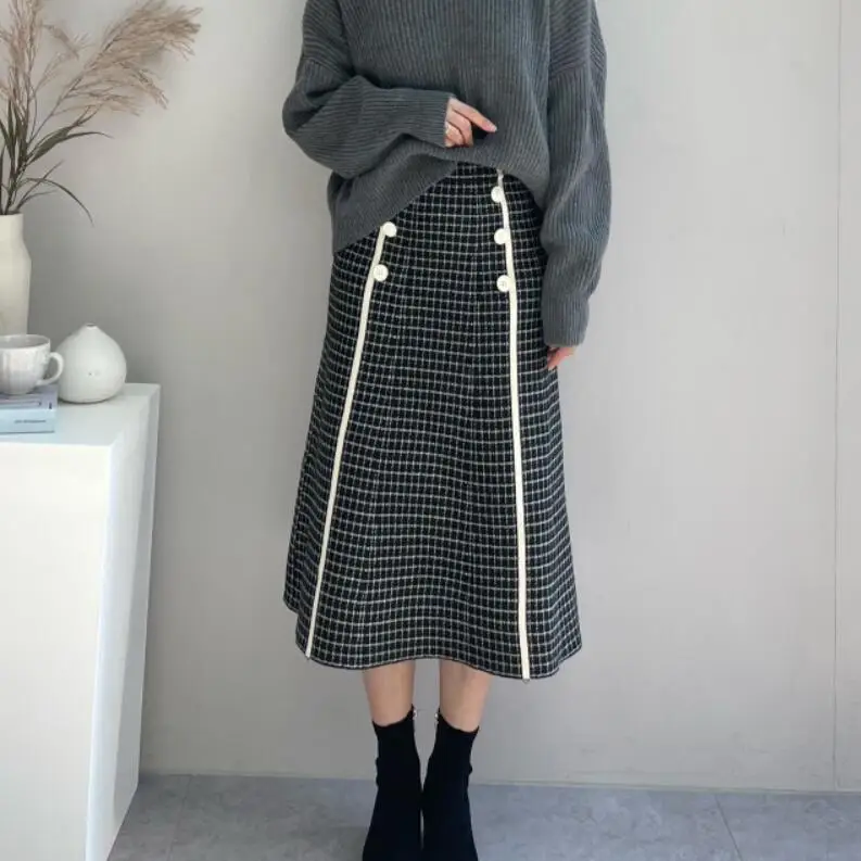 Yüksek Belli Örme Etekler Kadın Kore Vintage Kalınlaşmak Kruvaze Zarif Moda A-line Pilili Uzun Etek Mujer 2022 1