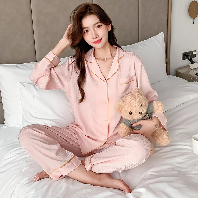 Çift 2 ADET Rayon Pijama Setleri Seksi Turn-Aşağı Yaka Gömlek Pijama İlkbahar Yaz Yeni Kıyafeti Rahat Ev Giysileri M-XXL 1