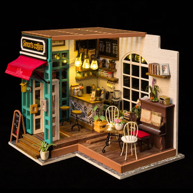 DIY simon'ın Kahve Mobilyaları Ile Çocuk Yetişkin Minyatür Ahşap Dollhouse Modeli Yapı Kitleri Hiçbir Kapak Dollhouse Oyuncaklar DG109 2