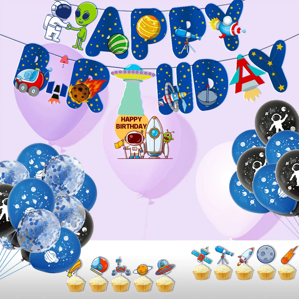 Doğum günü Afiş Balon Seti Ev Uzay Tema Balon Dekorasyon Kiti Kek Toppers ve Şerit 2